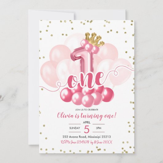 ピンククラウンバルーンファースト誕生日招待状 招待状 (正面)