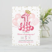 ピンククラウンバルーンファースト誕生日招待状 招待状 (スタンド正面)