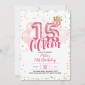 ピンククラウンバルーンフィーチン誕生日招待状 招待状 (正面)