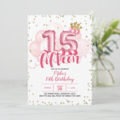 ピンククラウンバルーンフィーチン誕生日招待状 招待状 (スタンド正面)