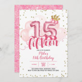 ピンククラウンバルーンフィーチン誕生日招待状 招待状 (正面/裏面)