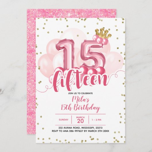 ピンククラウンバルーンフィーチン誕生日招待状 招待状 (正面/裏面)