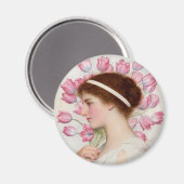 ピンククラシカルのチューリップのドレスを着た女性 マグネット (正面/裏面)