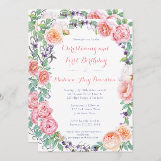 ピンククラシックのバラの誕生日 招待状 (正面/裏面)