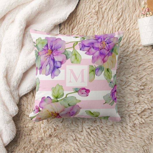 ピンククラシックの白いストリップ水色の紫のフローラ クッション (ブランケット)
