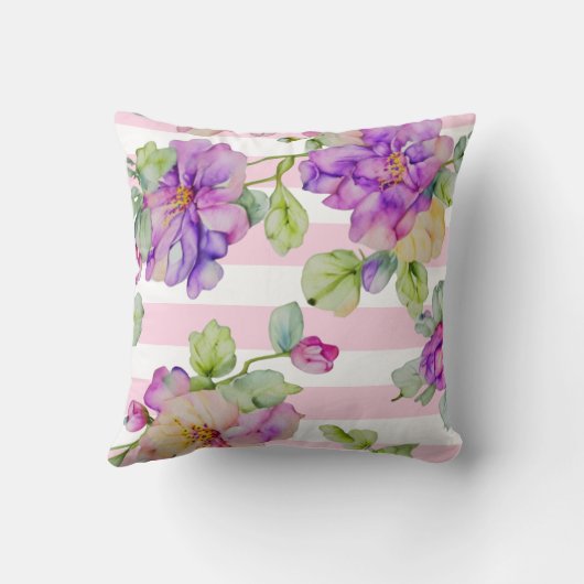 ピンククラシックの白いストリップ水色の紫のフローラ クッション (裏面)