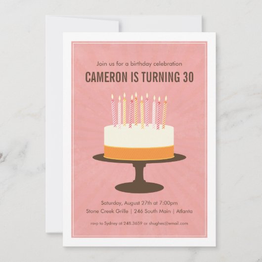 ピンククラシックの誕生日ケーキ招待状 招待状 (正面)