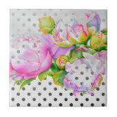 ピンククラシックエレガントの白い牡丹のフローラ水玉模様 タイル (正面)