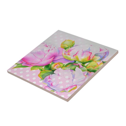 ピンククラシックエレガントの白い牡丹のフローラ水玉模様 タイル (側面)