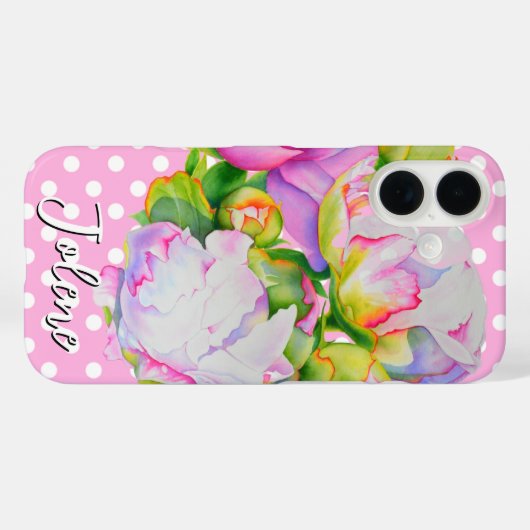 ピンククラシックエレガントの白い牡丹のフローラ水玉模様 Case-Mate iPhoneケース (裏面 (横))
