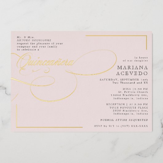 ピンククラシッククインチェニェラ語の文字の伝統 箔招待状 (正面)