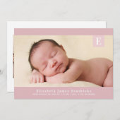 ピンククラシックモノグラムベビーガールフォト誕生 案内状 (正面/裏面)