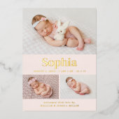 ピンククラシック色の写真3コラージュ誕生のお知らせ 箔招待状 (正面)