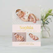 ピンククラシック色の写真3コラージュ誕生のお知らせ 箔招待状 (立ち正面)