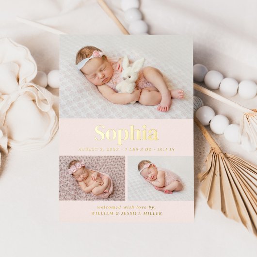 ピンククラシック色の写真3コラージュ誕生のお知らせ 箔招待状