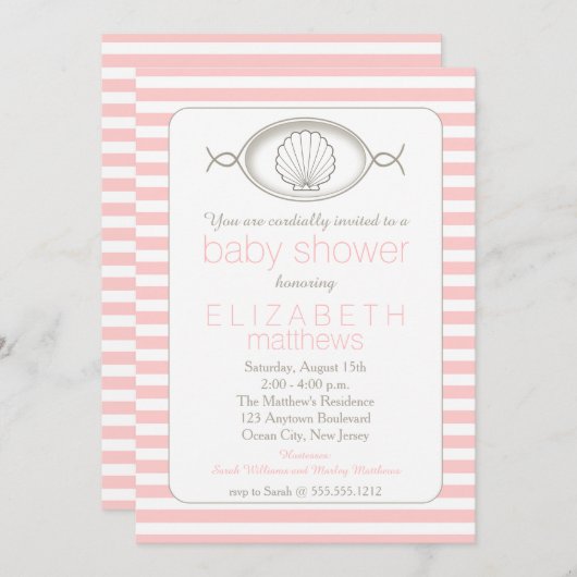 ピンククランシェルストライプのビーチテーマベビーシャワーInv 招待状 (正面/裏面)