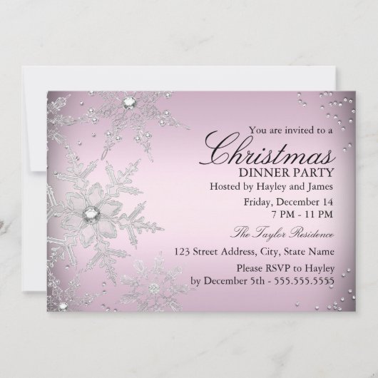 ピンククリスタルスノーフレーククリスマスディナーパーティー 招待状 (正面)