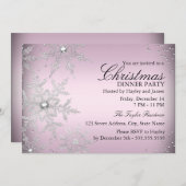 ピンククリスタルスノーフレーククリスマスディナーパーティー 招待状 (正面/裏面)