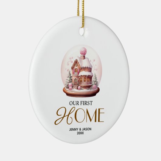 ピンククリスタルボールクリスマスカップル私たちの最初の家 セラミックオーナメント (右)