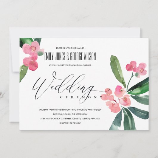 ピンククリストサンザシ開花水彩色結婚ズ 招待状 (正面)