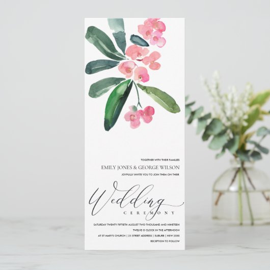 ピンククリストサンザシ開花水彩色結婚ズ 招待状 (スタンド正面)