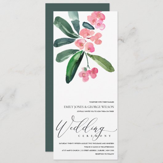 ピンククリストサンザシ開花水彩色結婚ズ 招待状 (正面/裏面)