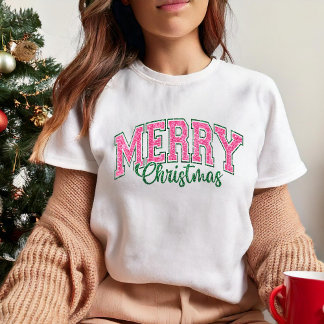ピンククリスマスとグリッターリクレトロはっきりした文字 Tシャツ