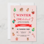 ピンククリスマスウィンターオネダーランドファースト誕生日 招待状 (正面)