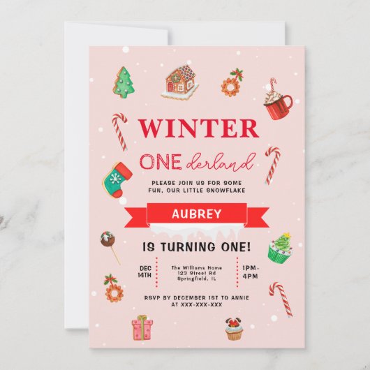 ピンククリスマスウィンターオネダーランドファースト誕生日 招待状 (正面)