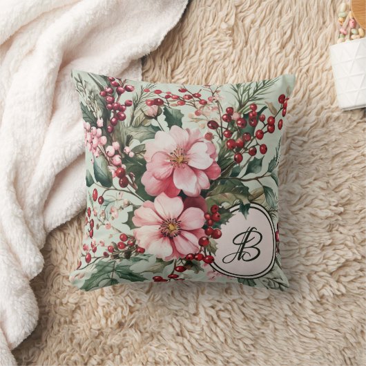 ピンククリスマスウォーター色フローラモノグラム クッション (ブランケット)