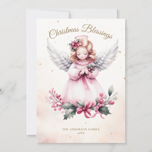 ピンククリスマスエンジェルスウィートチャイルド恵みファミリー シーズンカード (正面)