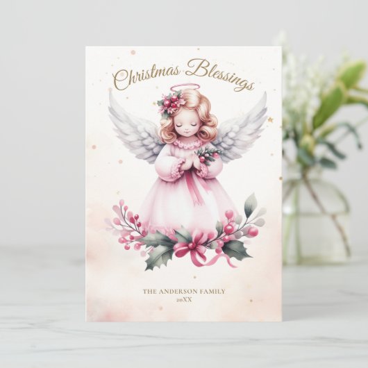 ピンククリスマスエンジェルスウィートチャイルド恵みファミリー シーズンカード (スタンド正面)
