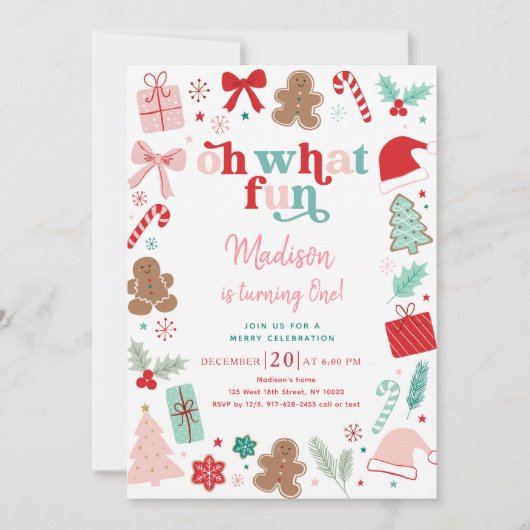 ピンククリスマスオハイオおもしろいファースト誕生日 招待状 (正面)