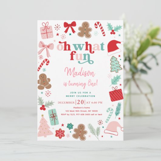 ピンククリスマスオハイオおもしろいファースト誕生日 招待状 (スタンド正面)