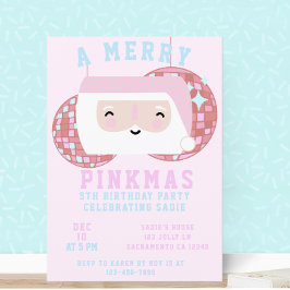 ピンククリスマスガールズディスコ誕生日パーティー 招待状