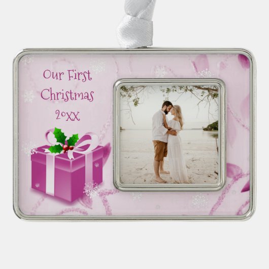 ピンククリスマスギフト枠オーナメント シルバープレートフレームオーナメント (正面)