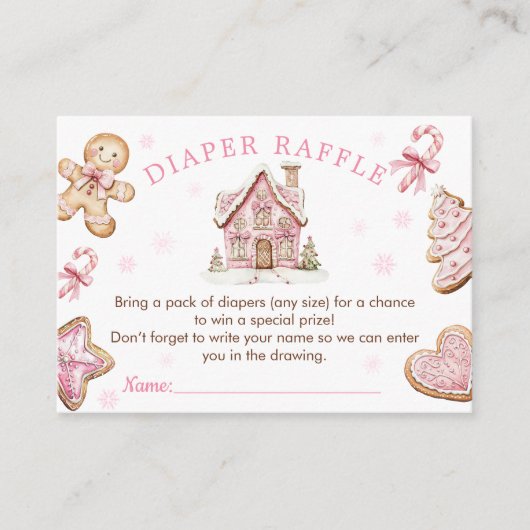 ピンククリスマスクッキーベビーシャワーおむつラッフルカード エンクロージャーカード (正面)