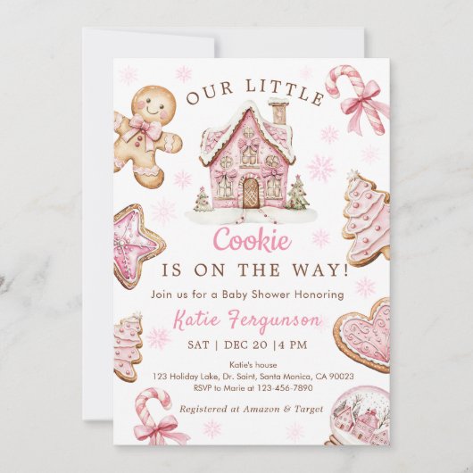 ピンククリスマスクッキー赤ちゃんシャワーガール 招待状 (正面)