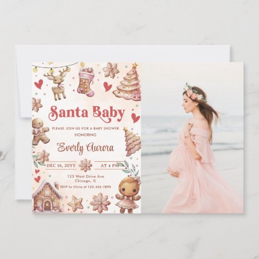 ピンククリスマスクッキー赤ちゃんシャワーフォト招待状 招待状 (正面)