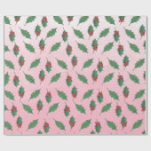 ピンククリスマスグリーンホリーレッドベリーホリデー ラッピングペーパー (フラット)