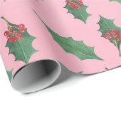 ピンククリスマスグリーンホリーレッドベリーホリデー ラッピングペーパー (ロールコーナー)