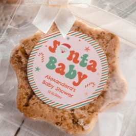 ピンククリスマスサンタベビーベビーシャワーのお願い ラウンドシール