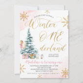 ピンククリスマスツリーウィンターオネダーランド誕生日 招待状 (正面)