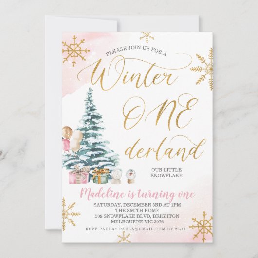 ピンククリスマスツリーウィンターオネダーランド誕生日 招待状 (正面)