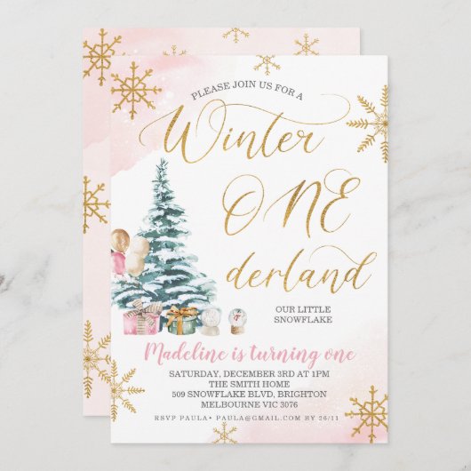 ピンククリスマスツリーウィンターオネダーランド誕生日 招待状 (正面/裏面)