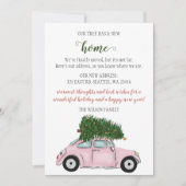 ピンククリスマスツリーカー引っ越しましたホリデーカード (正面)