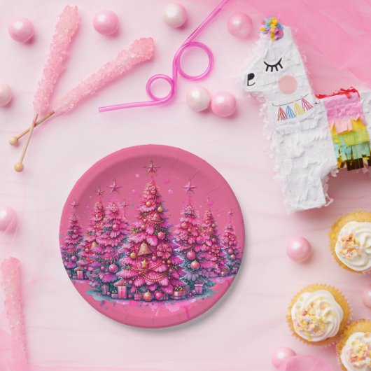 ピンククリスマスツリートレンディー名門私立校風の美学 ペーパープレート (パーティー)