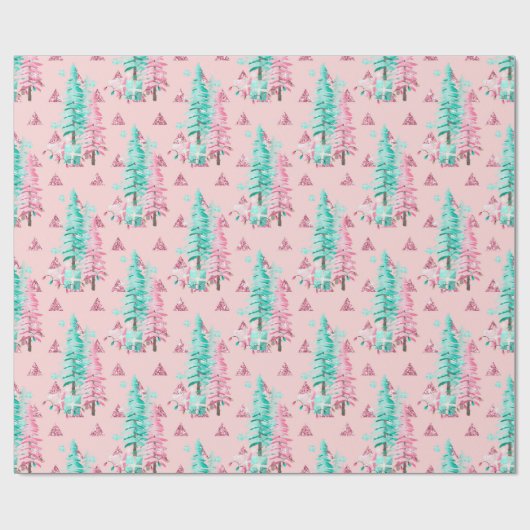 ピンククリスマスツリーパターンティール(緑がかった色)ホリデー ラッピングペーパー (フラット)