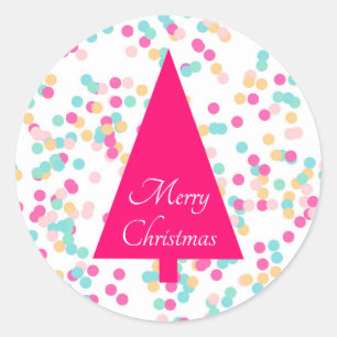 ピンククリスマスツリーメリークリスマスタイポグラフィ ラウンドシール