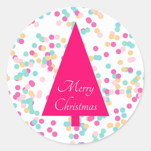 ピンククリスマスツリーメリークリスマスタイポグラフィ ラウンドシール (正面)